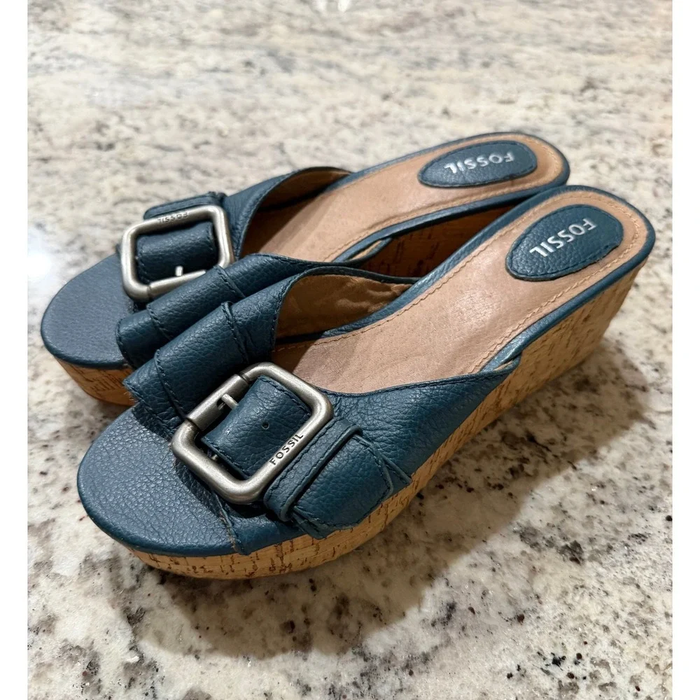 Fossil Blue Pebbled Leather Cork Wedge Sandals Buckle Slide FFW4214470 Size 8
